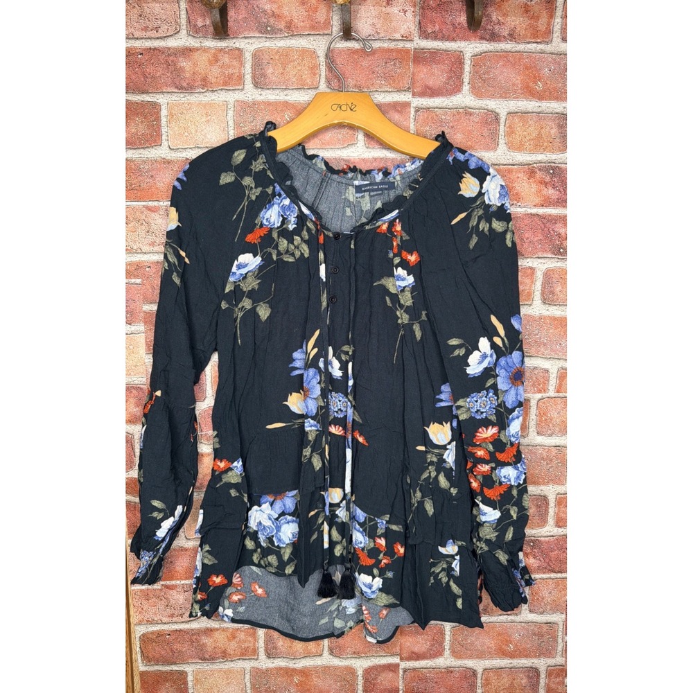 American Eagle Floral Peasant Blouse XS Black Blue Orange Boho Fairy Top